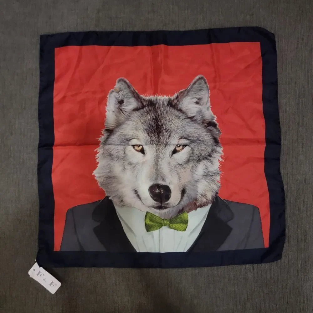 F & F Red 100% Silk Scarf with Handsome Grey Wolf in Tuxedo Design
